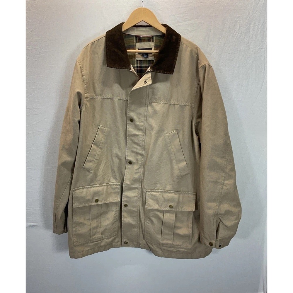 Lands End Barn Coat Jacket Vtg Flannel Lined Men's XXL Corduroy Collar Chore tan